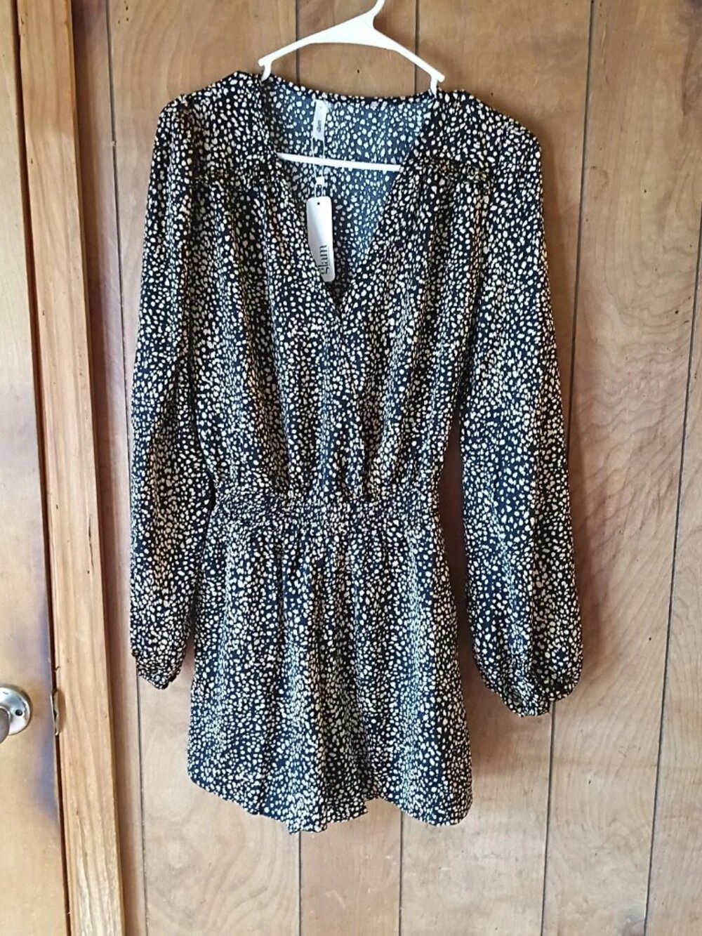 Glam Size S Black White Print Romper Elastic Waist Long Sleeve Polyester NWT